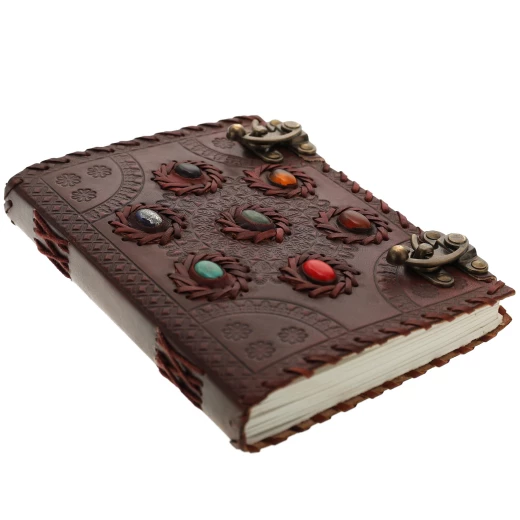 Leather Notebook with Decorative Embossing and Seven Chakra Stones in a Circle